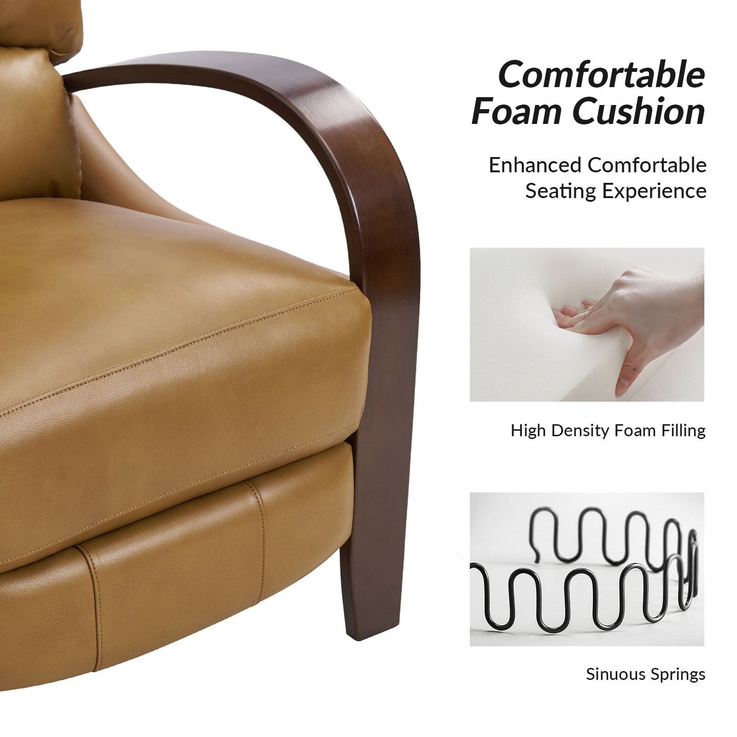 Poltrona reclinabile manuale Alex Mid-Century Modern in vera pelle con braccioli curvi in ​​legno, set da 2