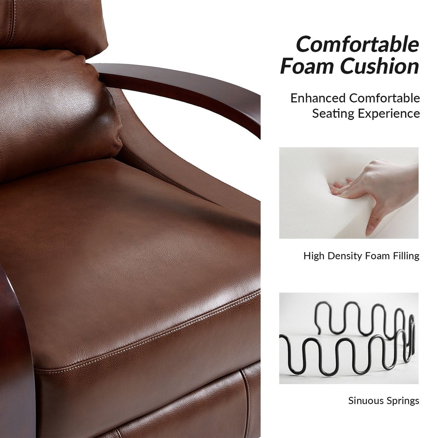 Poltrona reclinabile manuale Alex Mid-Century Modern in vera pelle con braccioli curvi in ​​legno, set da 2