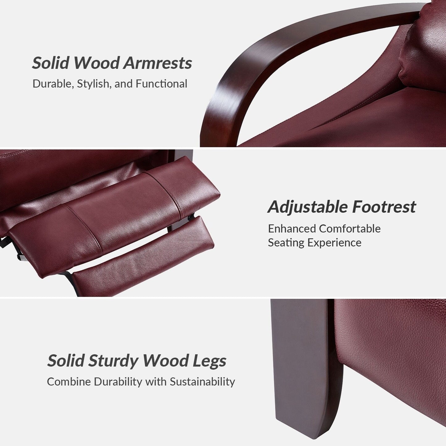 Poltrona reclinabile manuale Alex Mid-Century Modern in vera pelle con braccioli curvi in ​​legno, set da 2