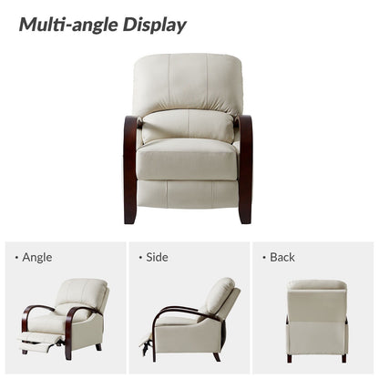 Poltrona reclinabile manuale Alex Mid-Century Modern in vera pelle con braccioli curvi in ​​legno, set da 2