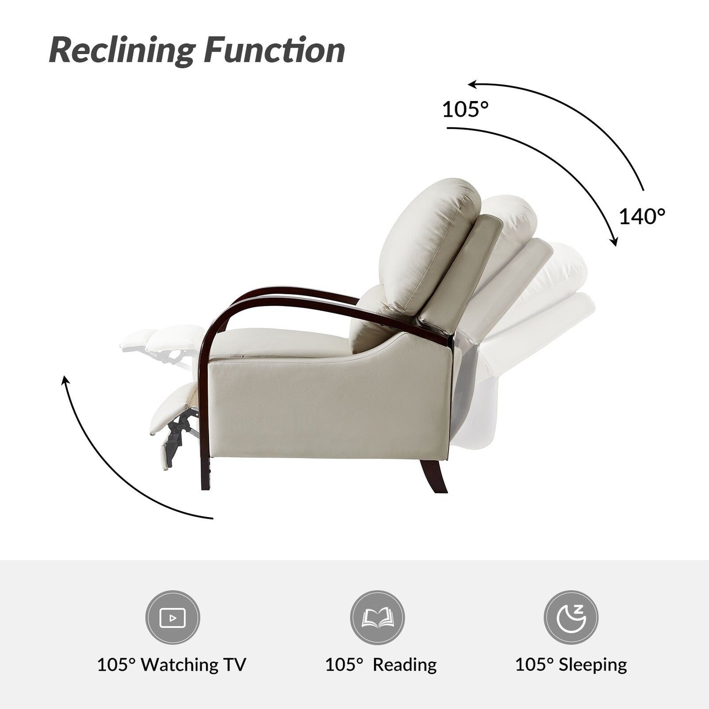 Poltrona reclinabile manuale Alex Mid-Century Modern in vera pelle con braccioli curvi in ​​legno, set da 2