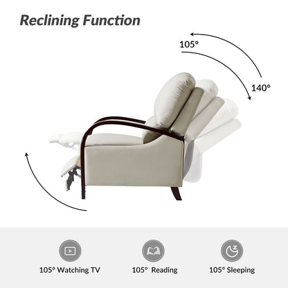 Poltrona reclinabile manuale Alex Mid-Century Modern in vera pelle con braccioli curvi in ​​legno, set da 2