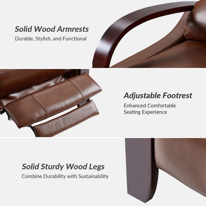 Poltrona reclinabile manuale Alex Mid-Century Modern in vera pelle con braccioli curvi in ​​legno, set da 2