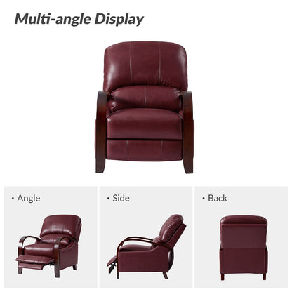 Poltrona reclinabile manuale Alex Mid-Century Modern in vera pelle con braccioli curvi in ​​legno, set da 2