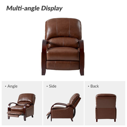 Poltrona reclinabile manuale Alex Mid-Century Modern in vera pelle con braccioli curvi in ​​legno, set da 2