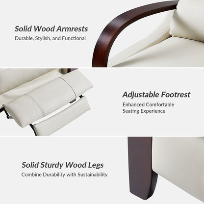 Poltrona reclinabile manuale Alex Mid-Century Modern in vera pelle con braccioli curvi in ​​legno, set da 2