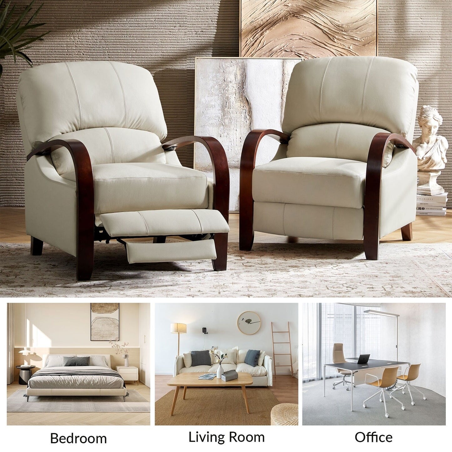 Poltrona reclinabile manuale Alex Mid-Century Modern in vera pelle con braccioli curvi in ​​legno, set da 2