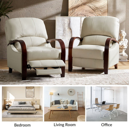 Poltrona reclinabile manuale Alex Mid-Century Modern in vera pelle con braccioli curvi in ​​legno, set da 2