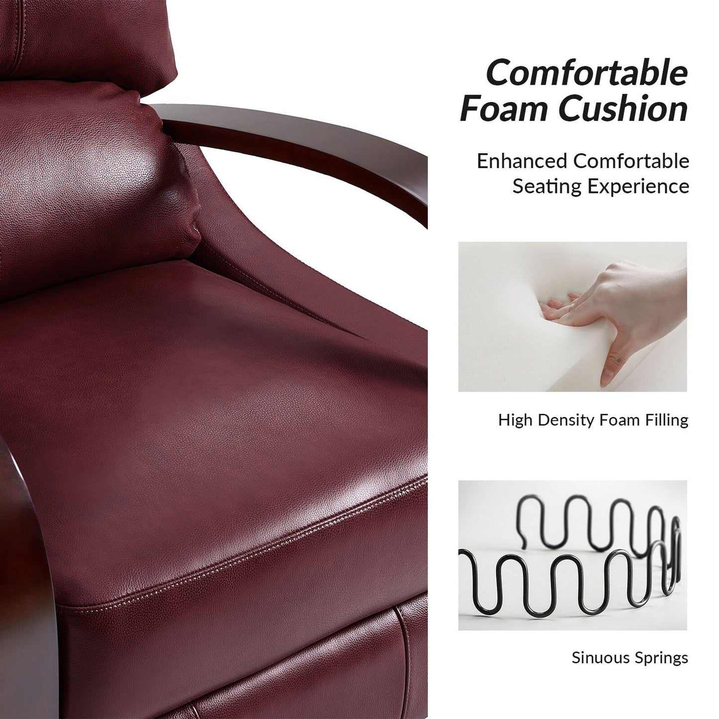 Poltrona reclinabile manuale Alex Mid-Century Modern in vera pelle con braccioli curvi in ​​legno, set da 2