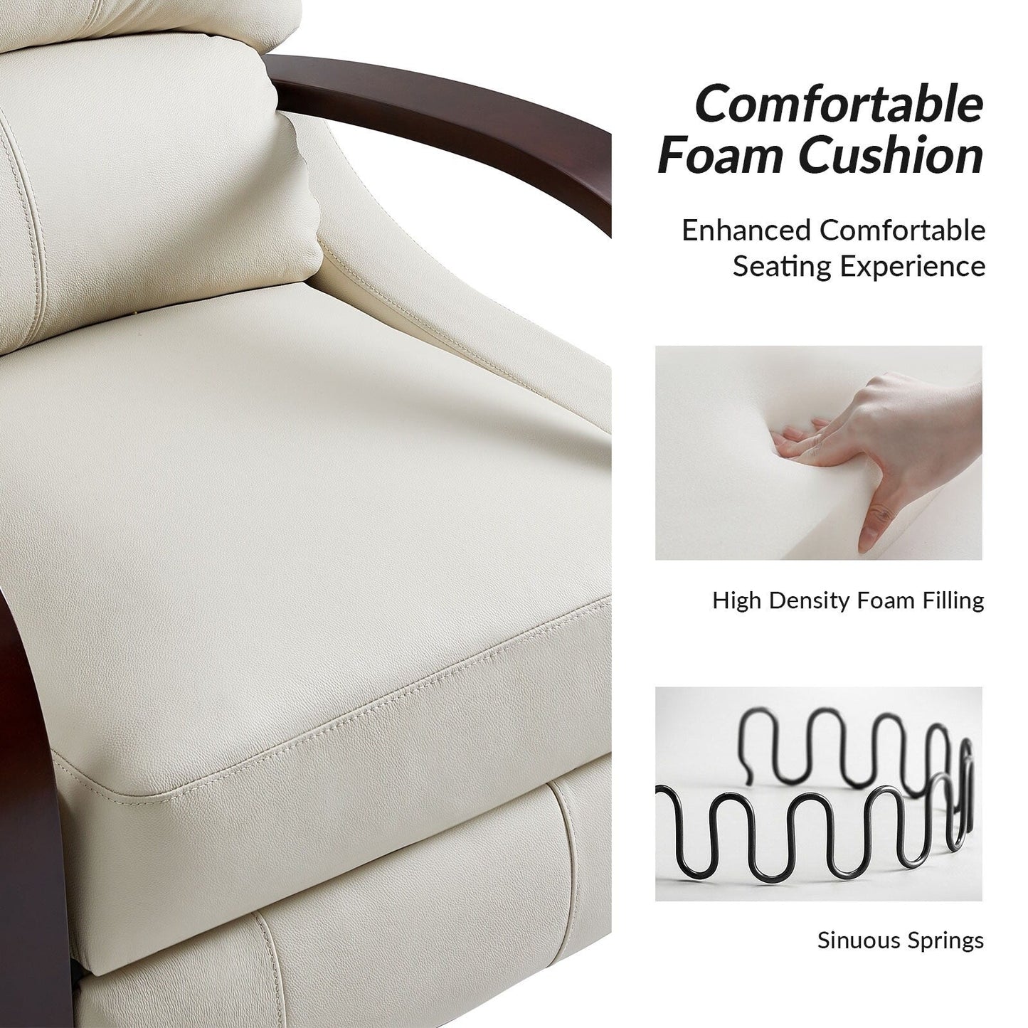 Poltrona reclinabile manuale Alex Mid-Century Modern in vera pelle con braccioli curvi in ​​legno, set da 2