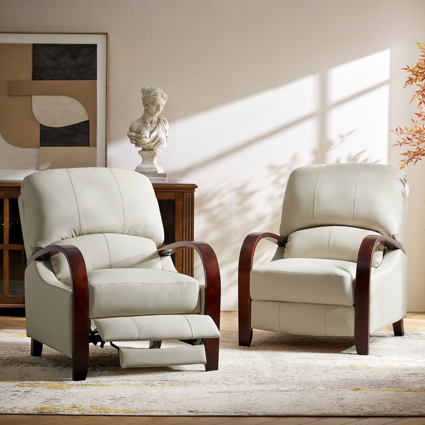 Poltrona reclinabile manuale Alex Mid-Century Modern in vera pelle con braccioli curvi in ​​legno, set da 2