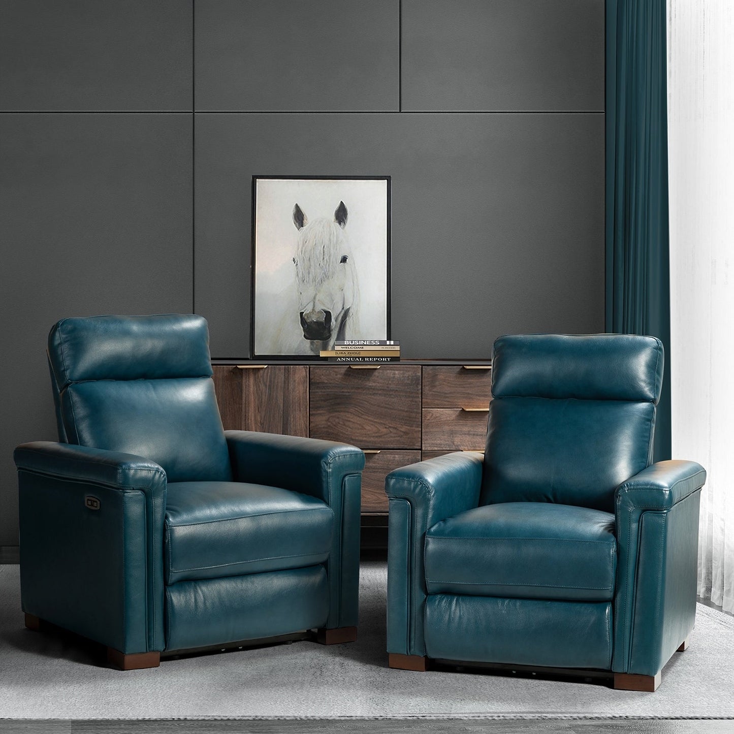 Poltrona reclinabile elettrica classica contemporanea Alicia da 34,65 pollici in vera pelle con porta USB (set da 2)