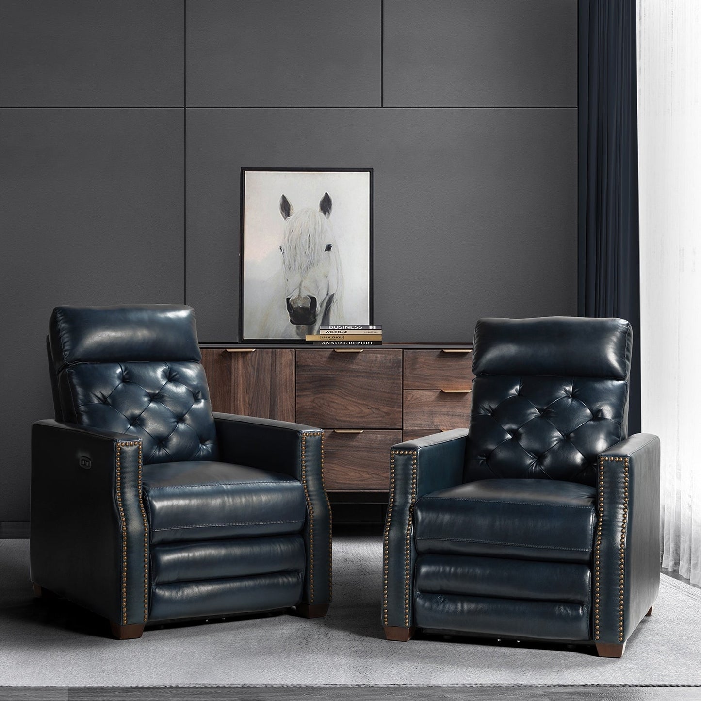 Poltrona reclinabile elettrica Alina 31.50 in vera pelle con porta USB, set da 2