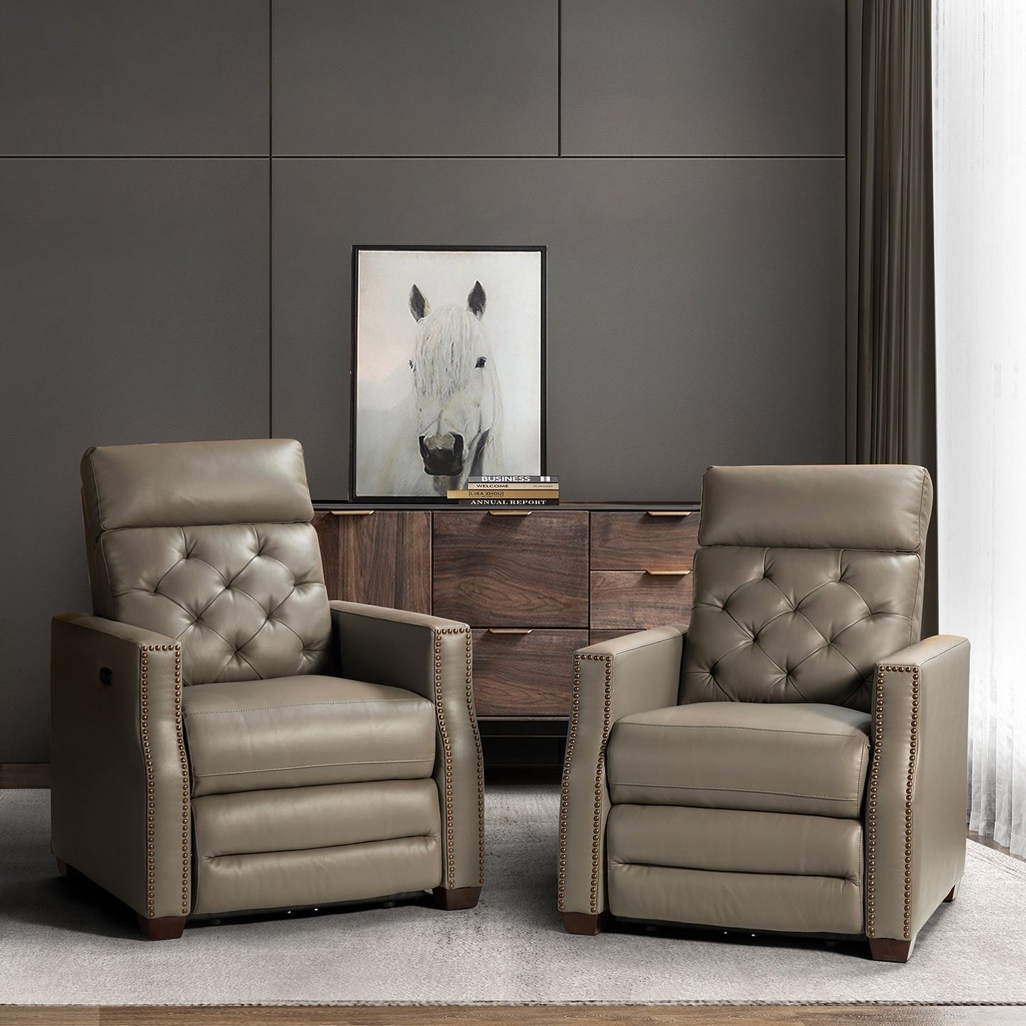 Poltrona reclinabile elettrica Alina 31.50 in vera pelle con porta USB, set da 2