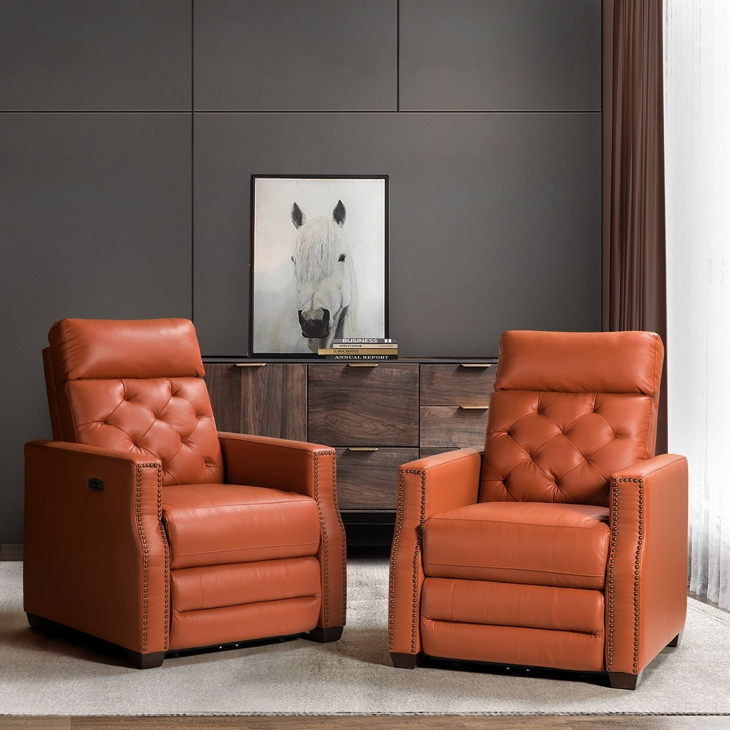 Poltrona reclinabile elettrica Alina 31.50 in vera pelle con porta USB, set da 2