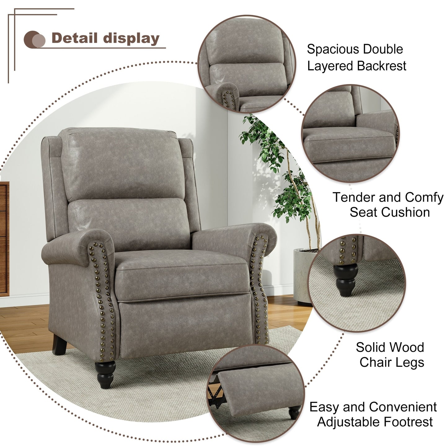 Poltrona reclinabile Alisa 35'' W in pelle vegana/lino con schienale a spinta