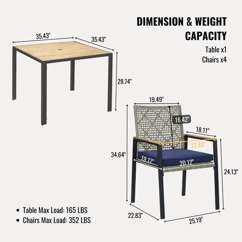 Set da pranzo da esterno per tutte le stagioni, 5 pezzi, piano in legno di acacia con foro per ombrellone, set da conversazione in rattan per esterni
