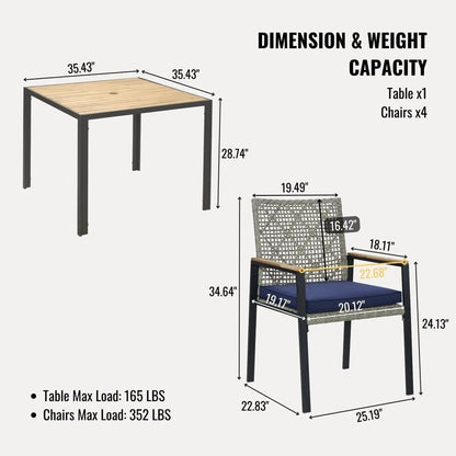 Set da pranzo da esterno per tutte le stagioni, 5 pezzi, piano in legno di acacia con foro per ombrellone, set da conversazione in rattan per esterni