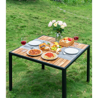 Set da pranzo da esterno per tutte le stagioni, 5 pezzi, piano in legno di acacia con foro per ombrellone, set da conversazione in rattan per esterni
