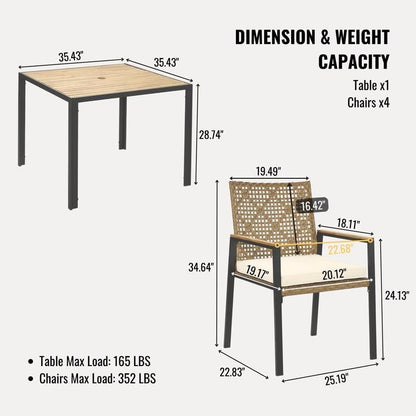 Set da pranzo da esterno per tutte le stagioni, 5 pezzi, piano in legno di acacia con foro per ombrellone, set da conversazione in rattan per esterni