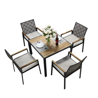 Set da pranzo da esterno per tutte le stagioni, 5 pezzi, piano in legno di acacia con foro per ombrellone, set da conversazione in rattan per esterni