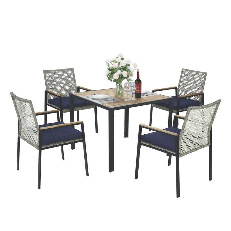 Set da pranzo da esterno per tutte le stagioni, 5 pezzi, piano in legno di acacia con foro per ombrellone, set da conversazione in rattan per esterni