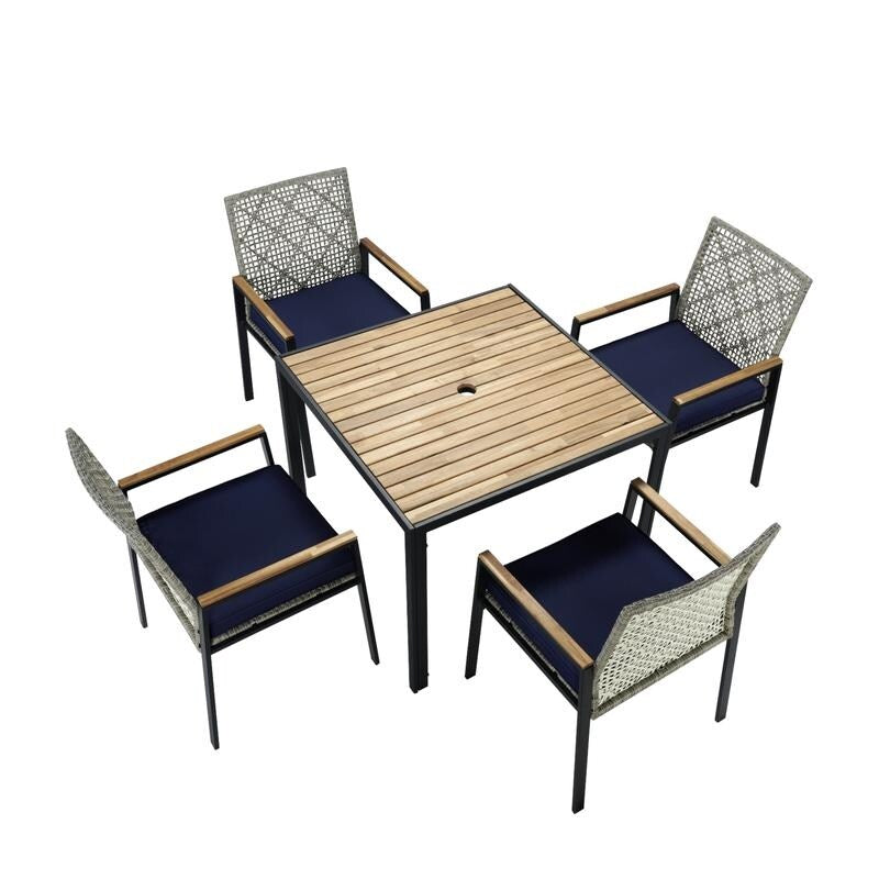 Set da pranzo da esterno per tutte le stagioni, 5 pezzi, piano in legno di acacia con foro per ombrellone, set da conversazione in rattan per esterni