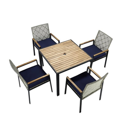 Set da pranzo da esterno per tutte le stagioni, 5 pezzi, piano in legno di acacia con foro per ombrellone, set da conversazione in rattan per esterni