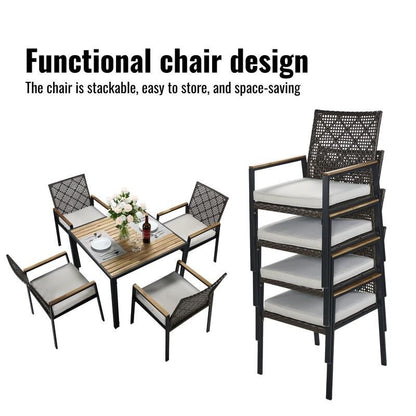 Set da pranzo da esterno per tutte le stagioni, 5 pezzi, piano in legno di acacia con foro per ombrellone, set da conversazione in rattan per esterni