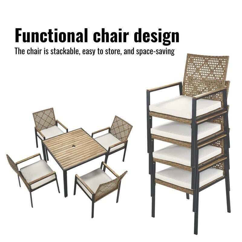 Set da pranzo da esterno per tutte le stagioni, 5 pezzi, piano in legno di acacia con foro per ombrellone, set da conversazione in rattan per esterni