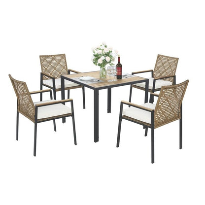 Set da pranzo da esterno per tutte le stagioni, 5 pezzi, piano in legno di acacia con foro per ombrellone, set da conversazione in rattan per esterni