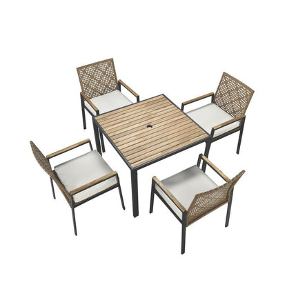 Set da pranzo da esterno per tutte le stagioni, 5 pezzi, piano in legno di acacia con foro per ombrellone, set da conversazione in rattan per esterni