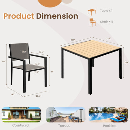 Set da pranzo per esterni con tavolo e sedie impilabili in textilene, piano del tavolo in WPC resistente da 5 pezzi e struttura antiruggine per patio