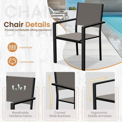 Set da pranzo per esterni con tavolo e sedie impilabili in textilene, piano del tavolo in WPC resistente da 5 pezzi e struttura antiruggine per patio