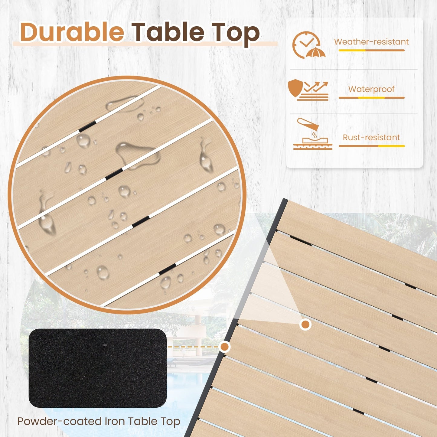 Set da pranzo per esterni con tavolo e sedie impilabili in textilene, piano del tavolo in WPC resistente da 5 pezzi e struttura antiruggine per patio