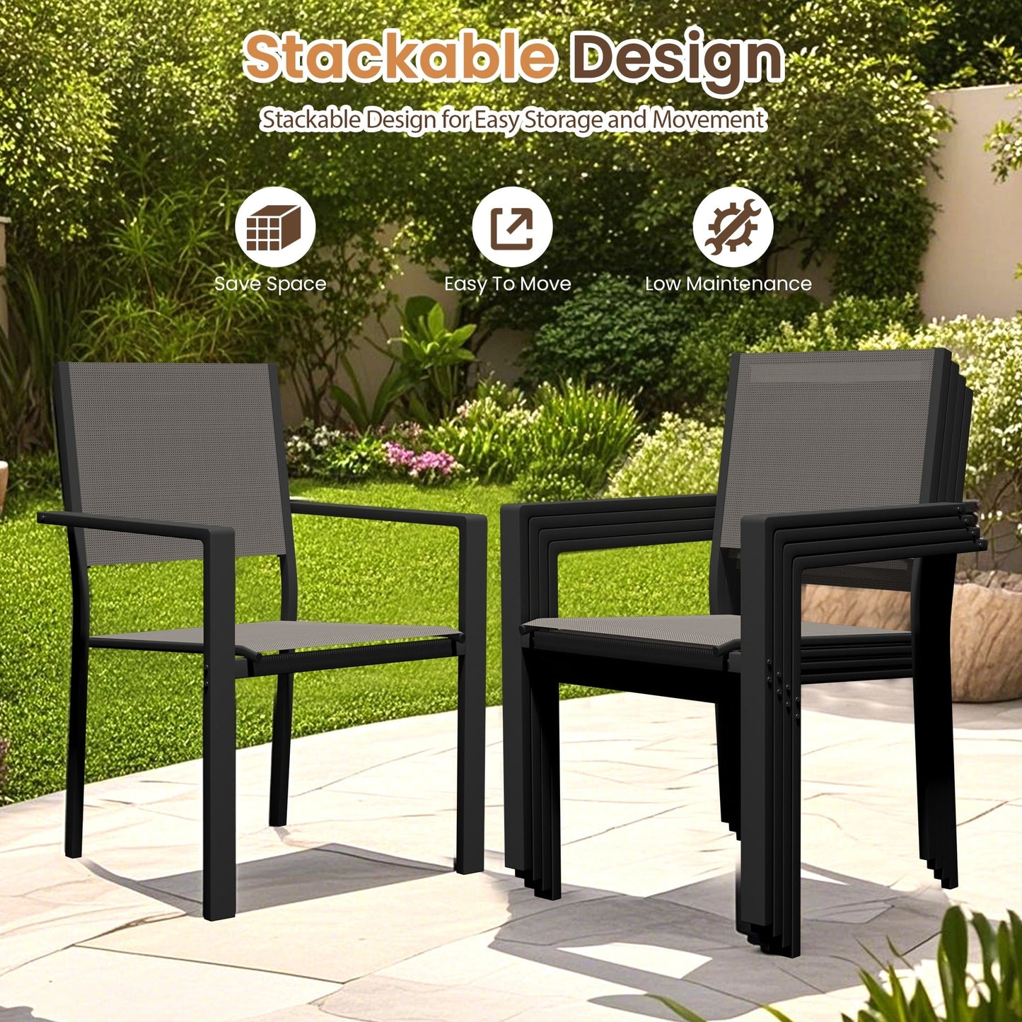 Set da pranzo per esterni con tavolo e sedie impilabili in textilene, piano del tavolo in WPC resistente da 5 pezzi e struttura antiruggine per patio