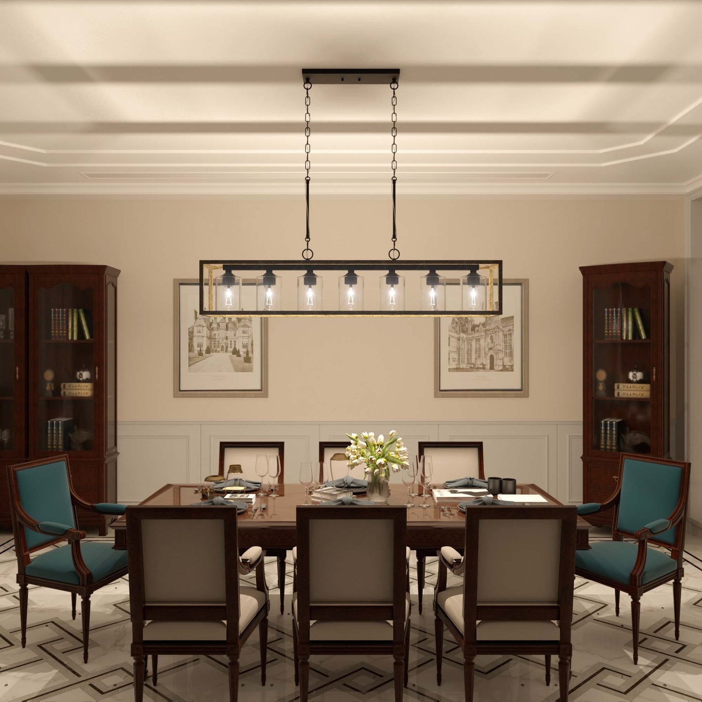 Lampadario lineare rettangolare da cucina Allegray da 52 pollici, 7 luci, stile fattoria