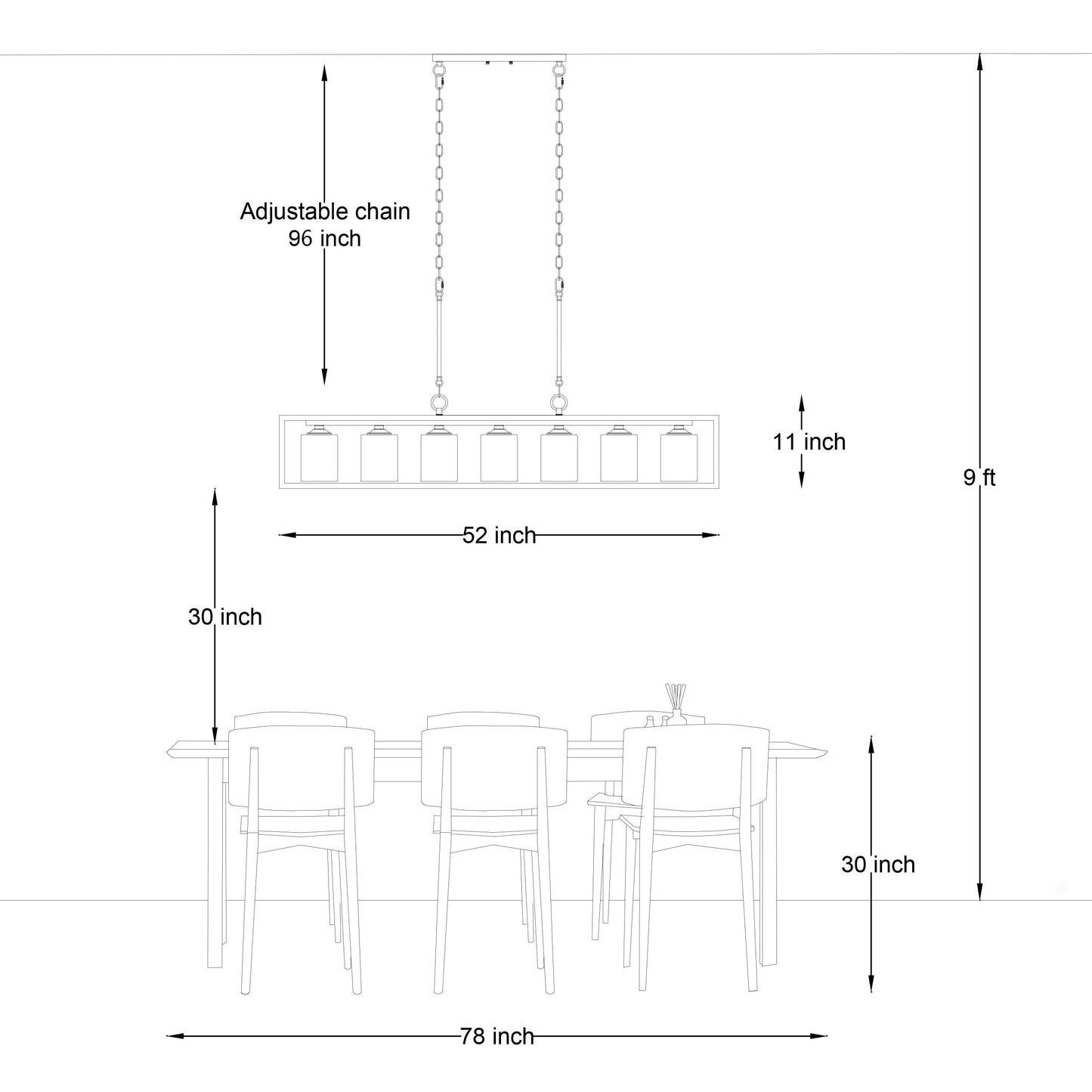 Lampadario lineare rettangolare da cucina Allegray da 52 pollici, 7 luci, stile fattoria