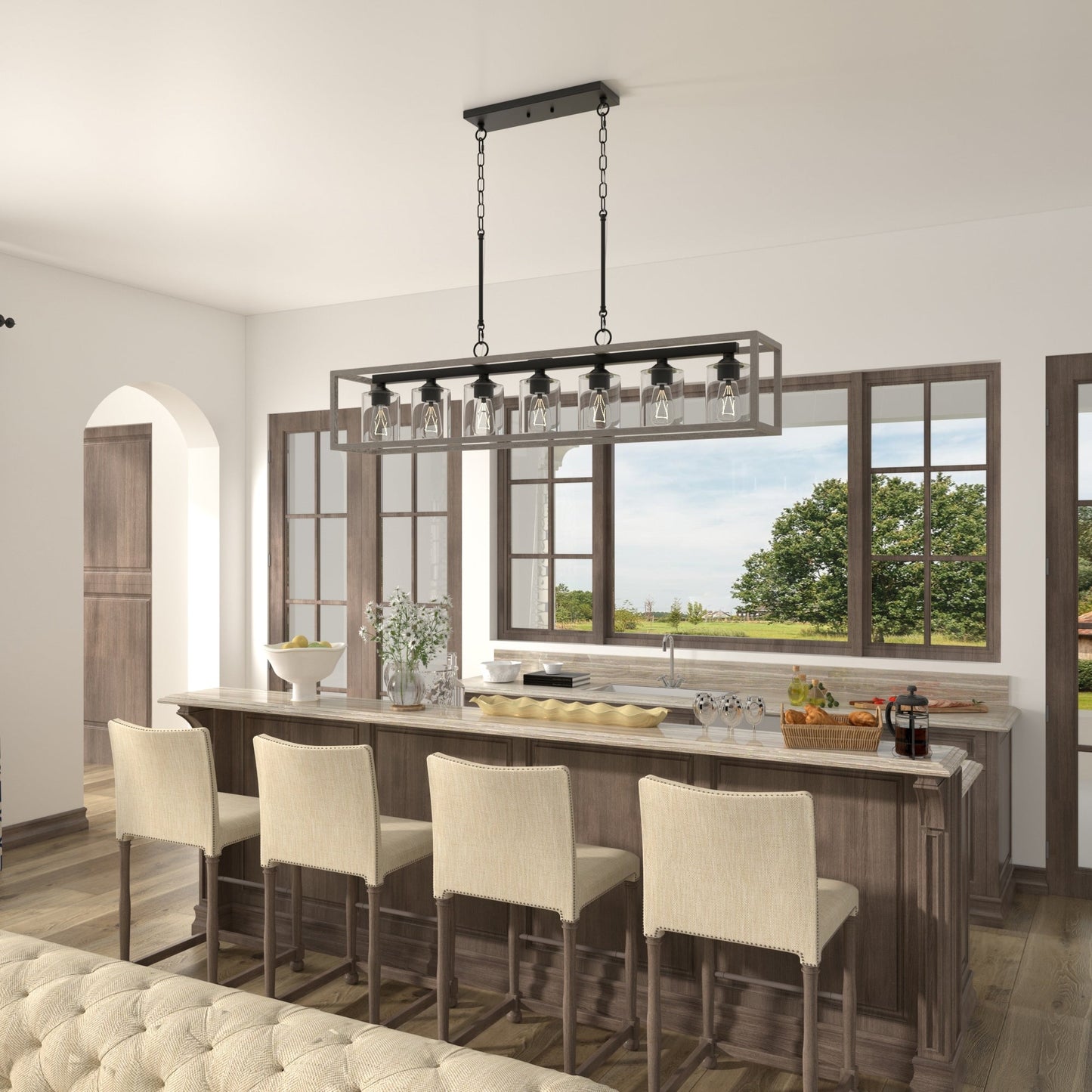 Lampadario lineare rettangolare da cucina Allegray da 52 pollici, 7 luci, stile fattoria