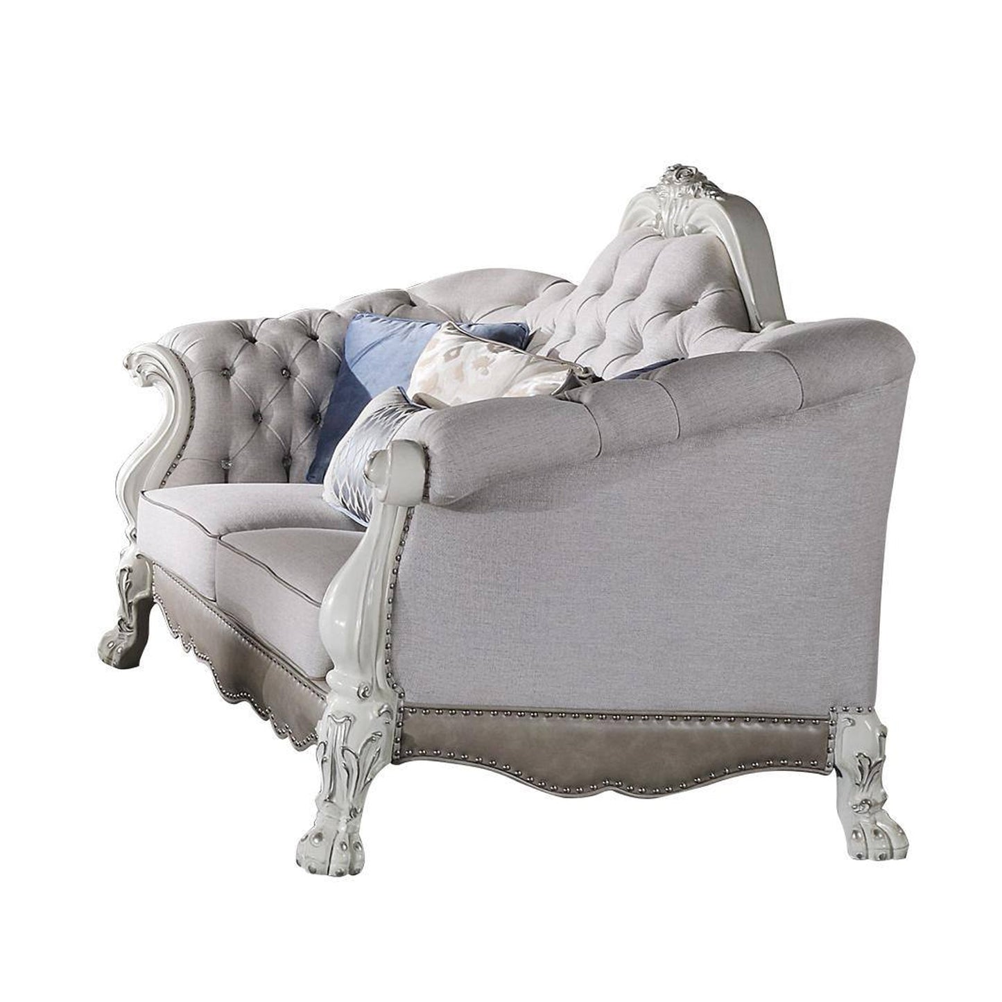 Divano Ally, 7 cuscini decorativi, similpelle bianco osso classico, 96 pollici