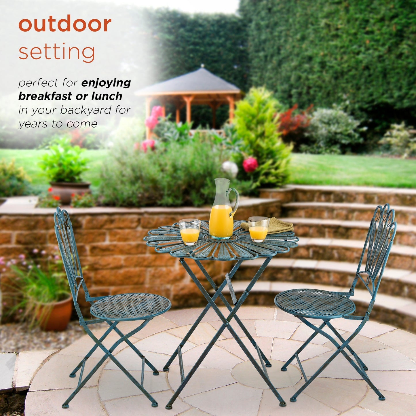 Set da bistrot in metallo rustico con piume di pavone, 3 pezzi, per interni/esterni, Alpine Corporation, seduta da patio, azzurro