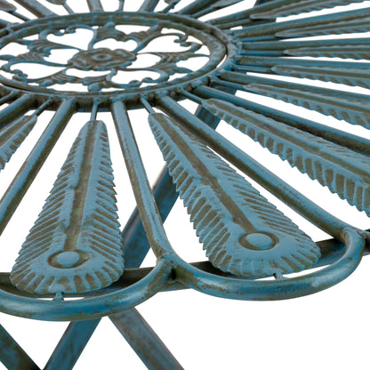 Set da bistrot in metallo rustico con piume di pavone, 3 pezzi, per interni/esterni, Alpine Corporation, seduta da patio, azzurro