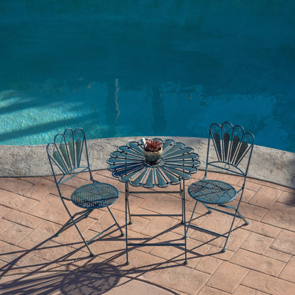 Set da bistrot in metallo rustico con piume di pavone, 3 pezzi, per interni/esterni, Alpine Corporation, seduta da patio, azzurro