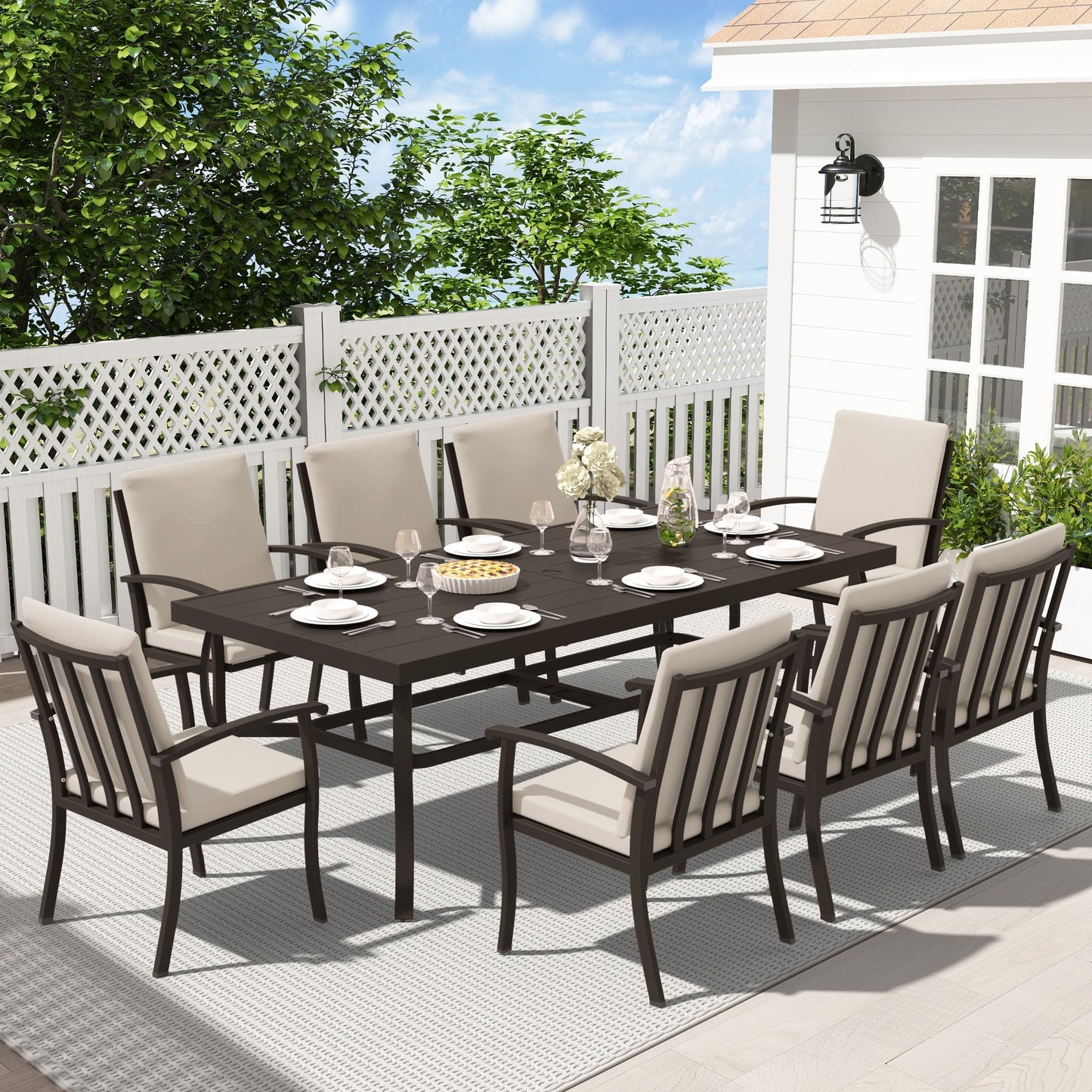 Set da pranzo per patio in alluminio EGEIROS LIFE AluLux da 9 pezzi con cuscini lavabili