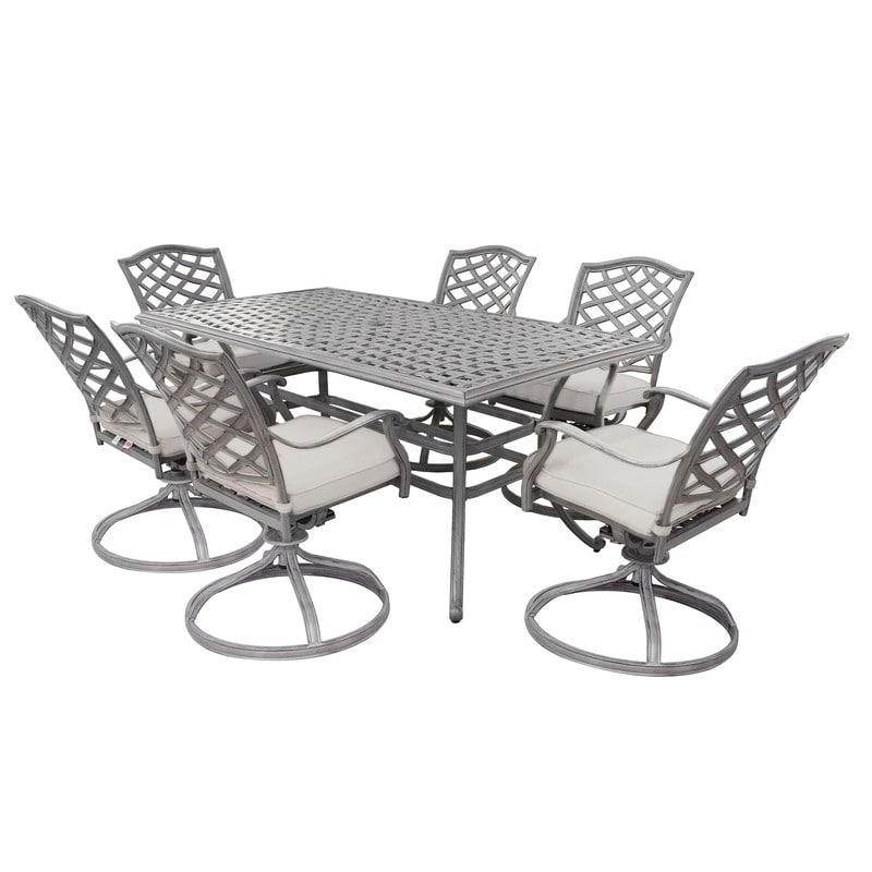 Set da pranzo rettangolare in alluminio da 7 pezzi con 6 sedie a dondolo girevoli