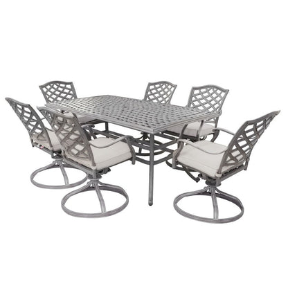 Set da pranzo rettangolare in alluminio da 7 pezzi con 6 sedie a dondolo girevoli