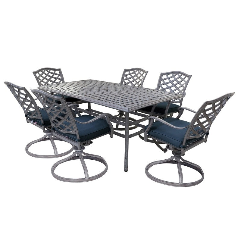 Set da pranzo rettangolare in alluminio da 7 pezzi con 6 sedie a dondolo girevoli