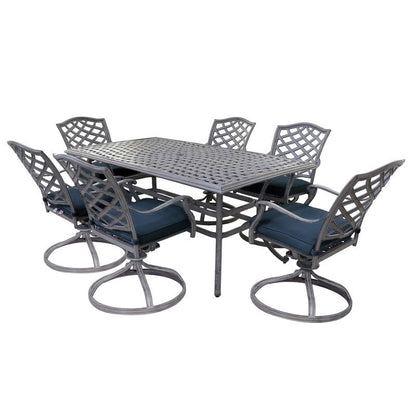 Set da pranzo rettangolare in alluminio da 7 pezzi con 6 sedie a dondolo girevoli