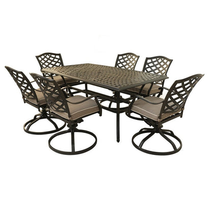 Set da pranzo rettangolare in alluminio da 7 pezzi con 6 sedie a dondolo girevoli