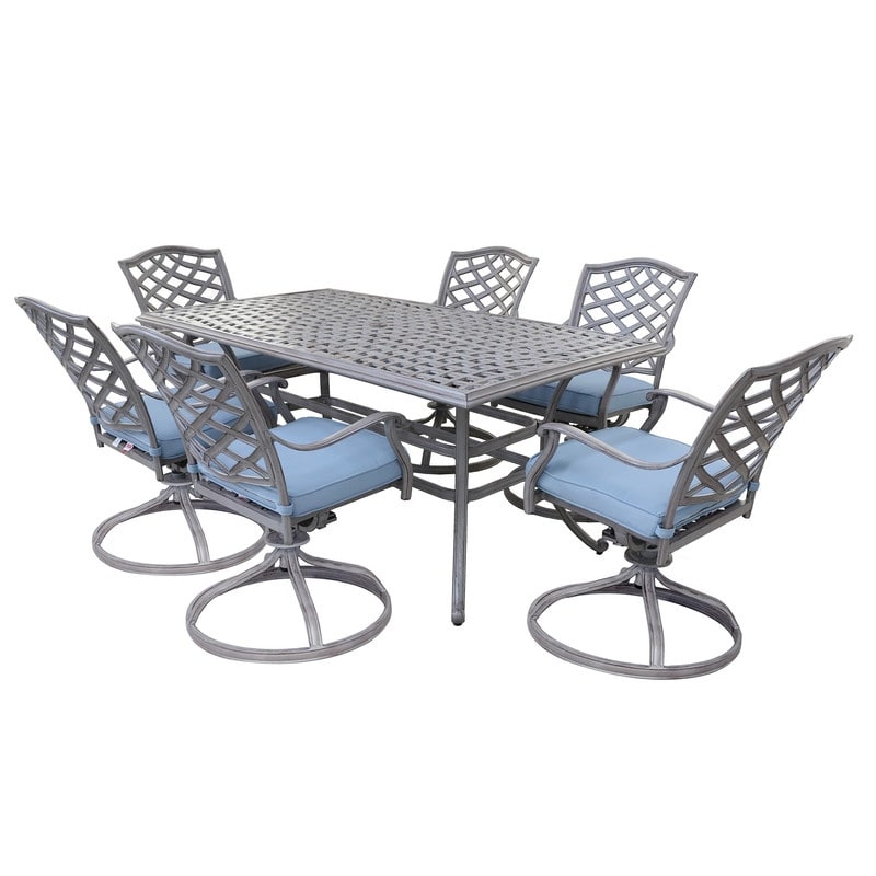 Set da pranzo rettangolare in alluminio da 7 pezzi con 6 sedie a dondolo girevoli